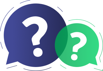 FAQ icon with two overlapping chat bubbles and question marks