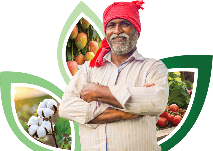 Happy Indian farmer with mangoes, cotton, and tomato crops in BagkiyaBio agriculture logo