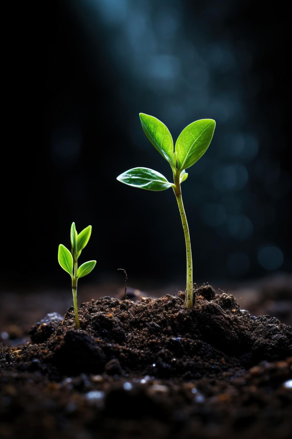 Two green seedlings emerging from moist soil in dramatic light, new plant growth and agriculture