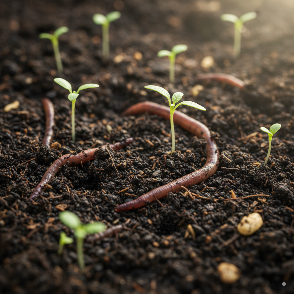 Earthworms in healthy soil among young seedlings, improving soil fertility and organic farming