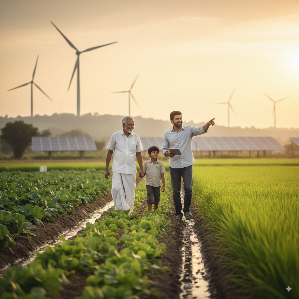 Three generations walking through vegetable and rice fields with wind turbines and solar panels at sunset, sustainable farming