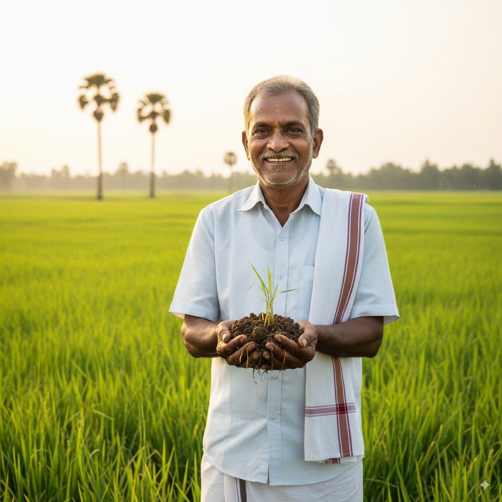 Elder farmer in paddy field holding soil with rice seedling, sustainable farming