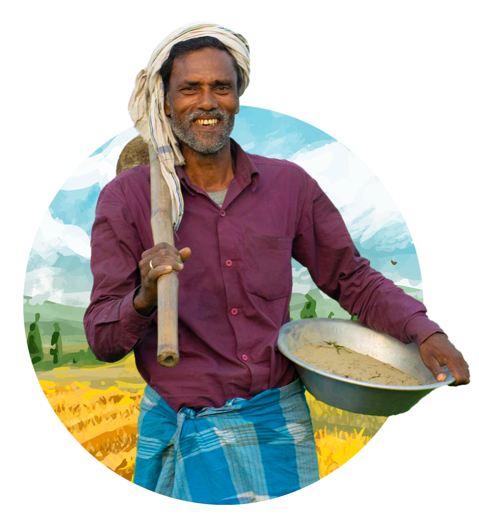 Smiling rural farmer holding seed bowl and wooden tool against painted farmland backdrop